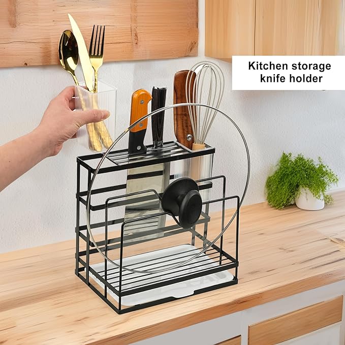 Universal Knife Block Holder, Kitchen Knife Holder Storage Organizer, Stainless Steel Cutting Board Rack Pot Pan Lid Holder for Countertop, Cabinet