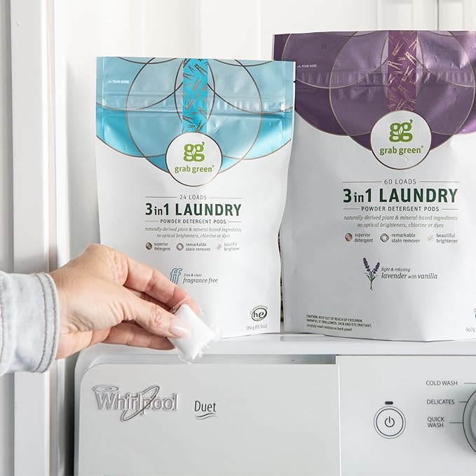Grab Green Natural 3 in 1 Laundry Detergent Pods, Lavender + Vanilla-with Essential Oils, Organic Enzyme-Powered, Plant & Mineral-Based, White, 34 Oz, 60 Count
