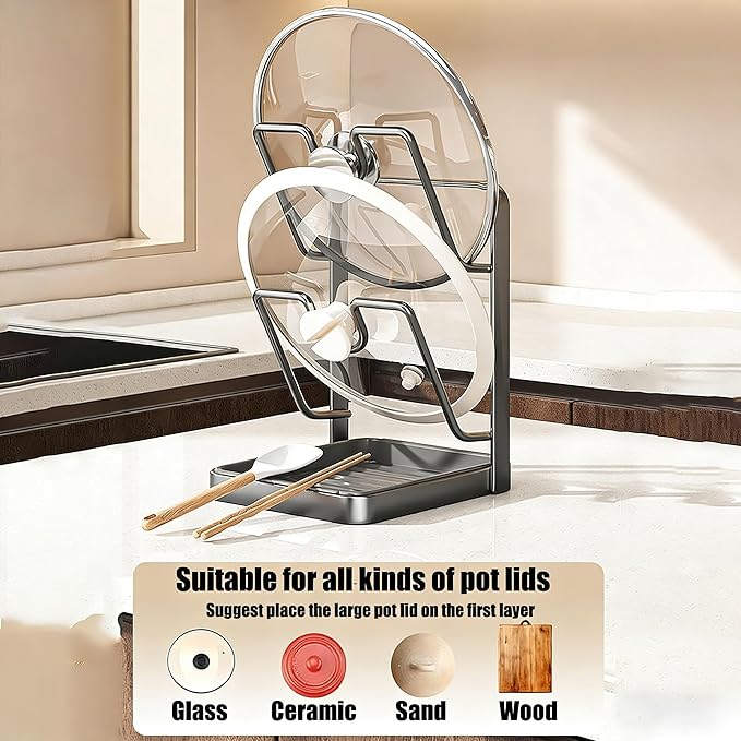Kitchen Pot Lid Storage Rack, Stainless Steel Pot Lid Organizer & Holder, Lid and Spoon Rest with Drip Tray While Cooking, Space Saving for Countertop, RV, and Small Kitchens (Gray)