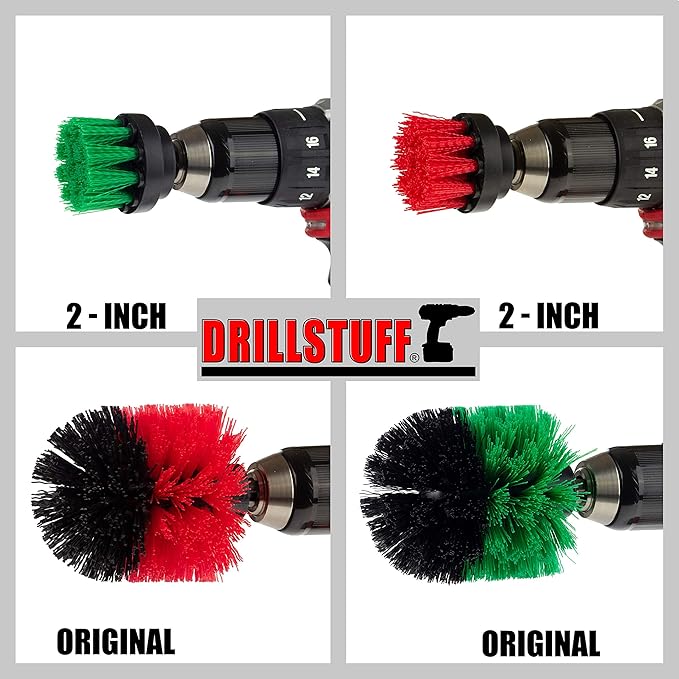 4-Piece Cordless Drill Scrub Brush Attachment Kit, Medium Green and Stiff Red Versions, Stainless Steel Handle