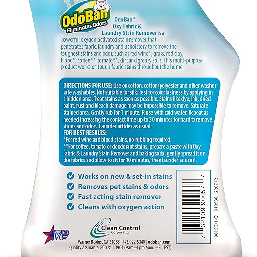 OdoBan Ready-to-Use Oxy Fabric and Laundry Stain Remover, Triple Action Stain Eliminator, 2-Pack, 32 Ounce Spray Each