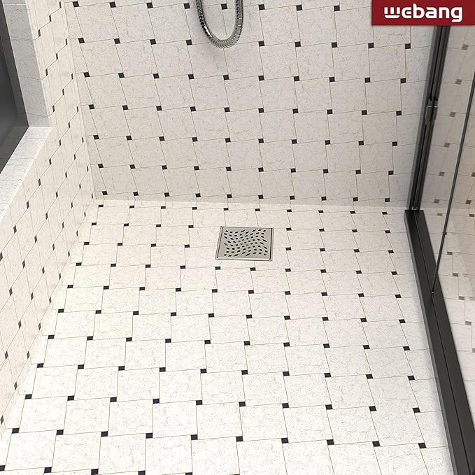 WEBANG 4 Inch Square Shower Drain Nickel Floor Drain with Flange Wave-Hole Pattern Cover Grate Removable SUS304 Stainless Steel Watermark&CUPC Certified Brushed Nickel