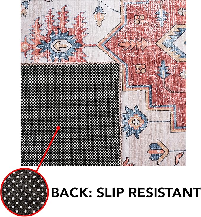 SAFAVIEH Washable Rug Tucson Collection - 5' Round, Beige & Blue, Slip Resistant & Easy to Clean, Ideal for Living Room, Bedroom, Dining Space (TSN109B)