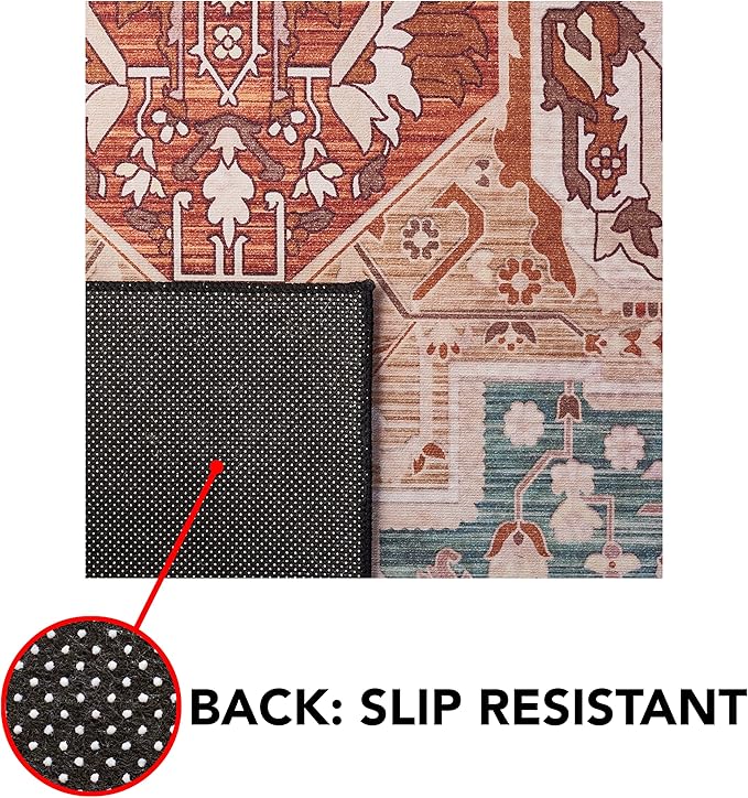 SAFAVIEH Washable Rug Tucson Collection - 9' x 12', Aqua & Rust, Slip Resistant & Easy to Clean, Ideal for Living Room, Bedroom, Dining Space (TSN150J)