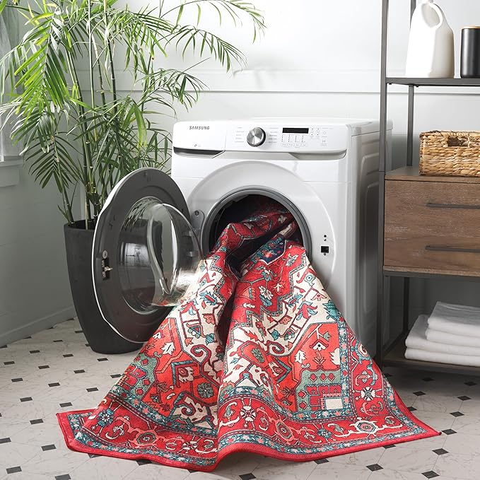 SAFAVIEH Washable Rug Orlando Collection - 6'7" Round, Red & Beige, Non-Shedding & Easy to Clean, Ideal for Living Room, Bedroom, Dining Space (ORL758Q)