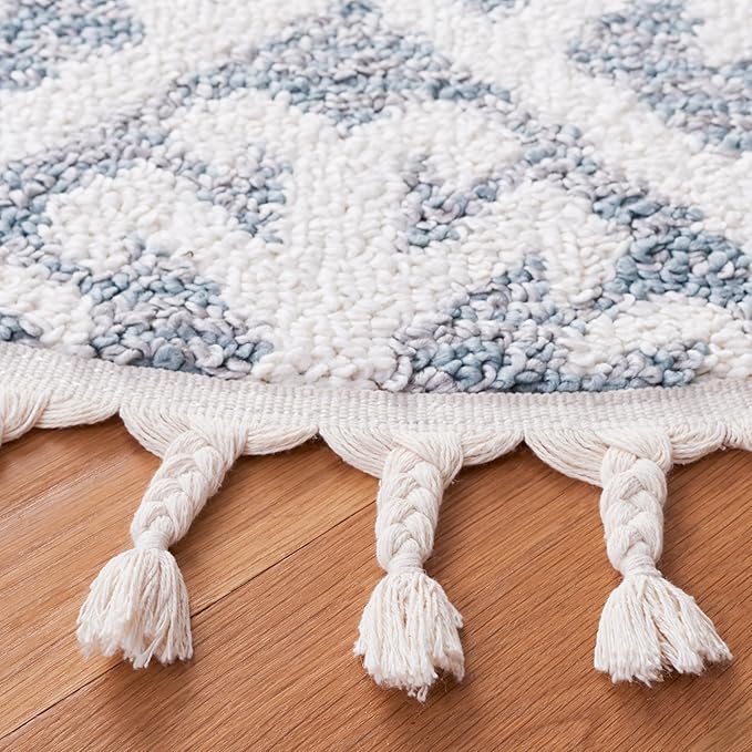 SAFAVIEH Moroccan Tassel Shag Collection Area Rug - 6'7" Round, Teal & Ivory, Trellis Design, Non-Shedding & Easy Care, 2-inch Thick Ideal for High Traffic Areas in Living Room, Bedroom (MTS652K)