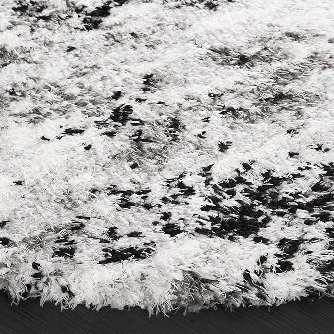 SAFAVIEH Lindsay Shag Collection Area Rug - 6'7" Round, Grey/Black Ivory, Geometric Design, Ideal for High Traffic Areas in Living Room, Bedroom, Dining (LNS556G)