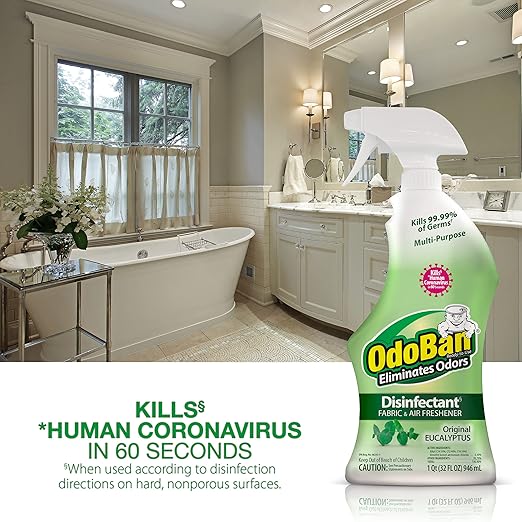 OdoBan Ready-to-Use Disinfectant and Odor Eliminator, Cleaner and Fabric/Air Freshener, Set of 2, 14.6 Ounce 360-Degree Continuous Spray and 32 Ounce Trigger Spray, Original Eucalyptus Scent