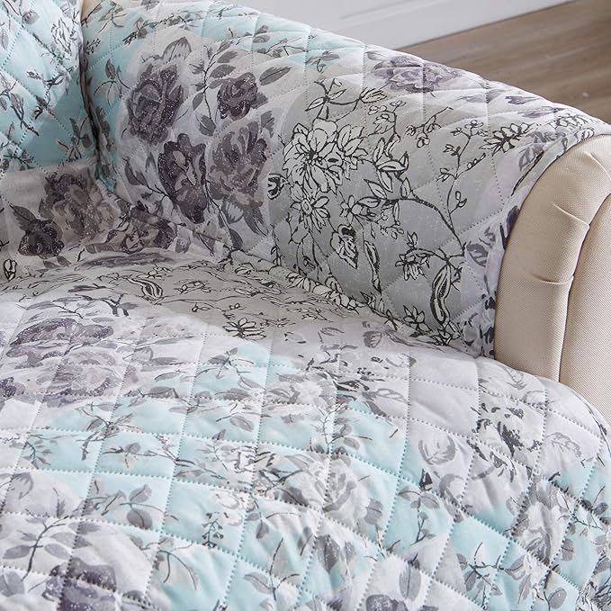 Great Bay Home Reversible Floral Patchwork Furniture Protector - Machine Washable, Scalloped Edge, Stain Resistant, Printed Furniture Cover for Dogs, Kids, and Pets (Recliner, Gray/Aqua)