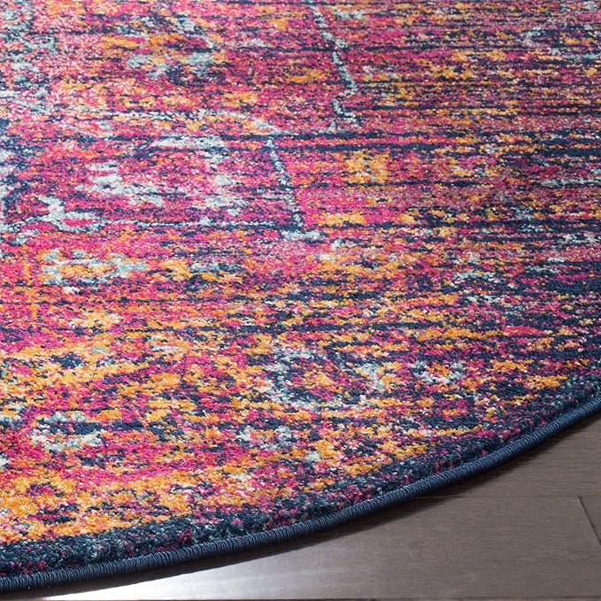 SAFAVIEH Evoke Collection Area Rug - 6'7" Round, Blue & Fuchsia, Oriental Medallion Distressed Design, Non-Shedding & Easy Care, Ideal for High Traffic Areas in Living Room, Bedroom (EVK275F)