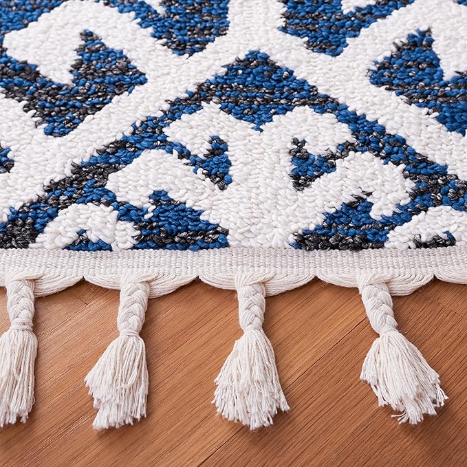 SAFAVIEH Moroccan Tassel Shag Collection Area Rug - 6'7" Round, Navy & Ivory, Trellis Design, Non-Shedding & Easy Care, 2-inch Thick Ideal for High Traffic Areas in Living Room, Bedroom (MTS652N)