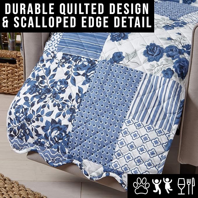 Great Bay Home Reversible Patchwork Recliner Chair Cover - Washable Slipcover Furniture Protector with Elastic Straps - Couch Cover for Dogs, Kids, and Pets - Box-Stitched Detail (Recliner, Navy)