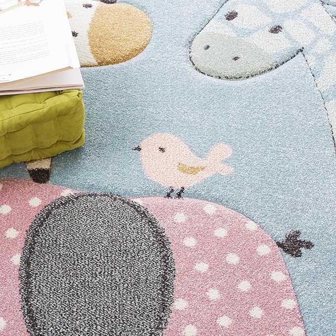 SAFAVIEH Carousel Kids Collection Area Rug - 6'7" x 9', Blue, Animal Design, Ideal for High Traffic Area for Boys & Girls in Playroom, Nursery, Bedroom (CRK120K-6)