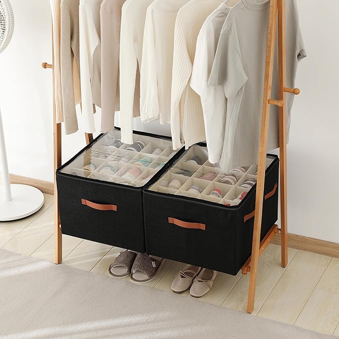 Shoe Organizer for Closet, Foldable Large Shoe Storage Box with Clear Cover, Removable Partitions and Bottom are Supported by Plastic Boards (Black, 20.5“Lx16.9 Wx13'H)