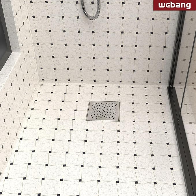 WEBANG 6 Inch Square Shower Drain Nickel Floor Drain with Flange Wave-Hole Pattern Cover Grate Removable SUS304 Stainless Steel Watermark&CUPC Certified Brushed Nickel