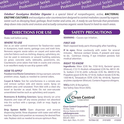 OdoBan Professional Cleaning Ready-to-Use BioOdor Digester Harsh Aroma Counteractant, Made in the USA, Eucalyptus Scent, 2-Pack, 32 Ounce Sprays Each