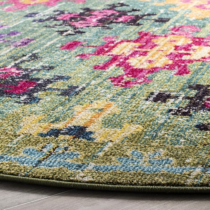 SAFAVIEH Monaco Collection Area Rug - 6'7" Round, Green & Multi, Boho Diamond Trellis Design, Non-Shedding & Easy Care, Ideal for High Traffic Areas in Living Room, Bedroom (MNC244G)