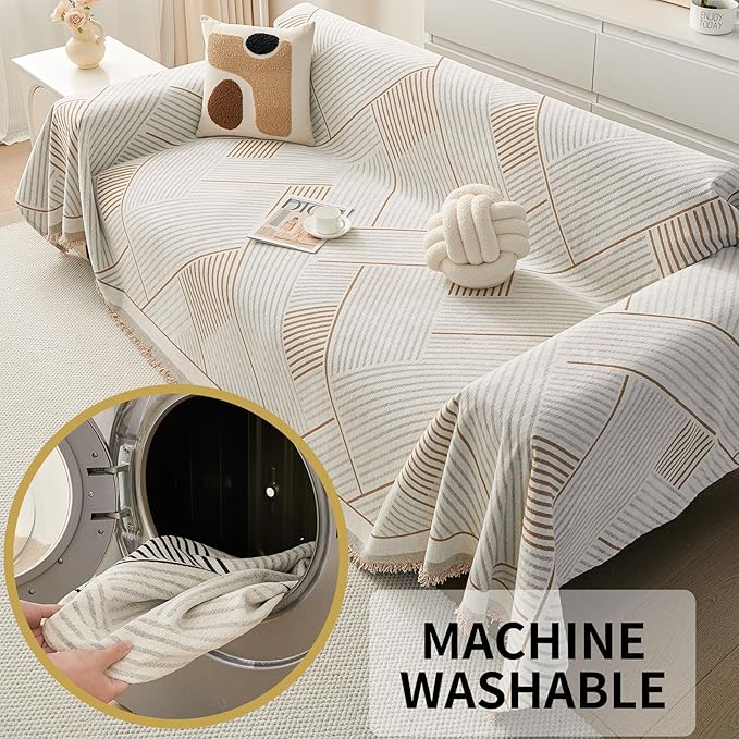 HAOMAIJIA Non Slip Couch Cover Sofa Covers for 2 Cushion Couch Washable sectional Couch Covers for Dogs pet Furniture Protector Couch Cover Blanket for Living Room (CQ-Khaki/Grey, 71"x102")