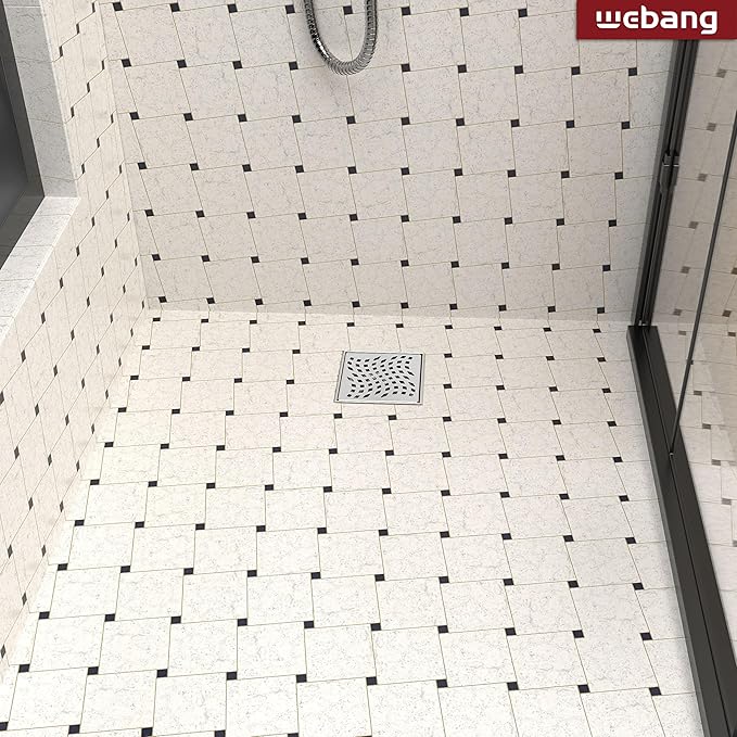 WEBANG 4 Inch Square Shower Drain Brushed Floor Drain with Flange Wave-Hole Pattern Cover Grate Removable SUS304 Stainless Steel Watermark&CUPC Certified Brushed