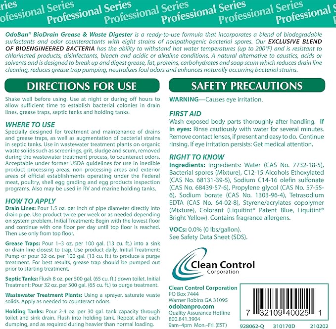 OdoBan Professional Cleaning Ready-to-Use BioDrain Grease and Waste Digester, Made in the USA, Set of 12 Bottles, 32 Ounces Each