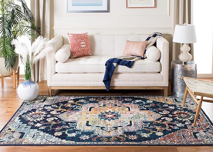 SAFAVIEH Crystal Collection Area Rug - 8' x 10', Navy & Fuchsia, Medallion Distressed Design, Non-Shedding & Easy Care, Ideal for High Traffic Areas in Living Room, Bedroom (CRS501H)