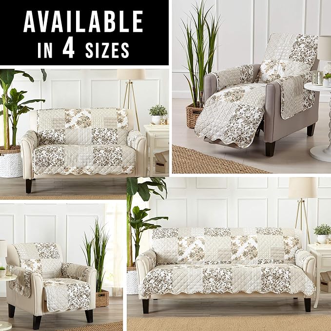 Great Bay Home Reversible Patchwork Recliner Chair Cover - Washable Slipcover Furniture Protector with Elastic Straps - Couch Cover for Dogs, Kids, and Pets - Box-Stitched Detail (Recliner, Taupe)
