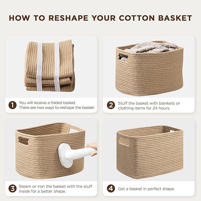 UBBCARE 4 Pack Storage Baskets for Organizing, Shelf Baskets with Handles, Woven Storage Baskets for Bookcase/Cube Shelf/Closet, 14.5"L x 9.8"W x 9"H, White&Brown