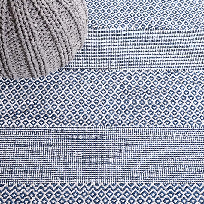 SAFAVIEH Montauk Collection Runner Rug - 2'3" x 22', Ivory & Navy, Handmade Flat Weave Boho Farmhouse Cotton Tassel Fringe, Ideal for High Traffic Areas in Living Room, Bedroom (MTK330B)