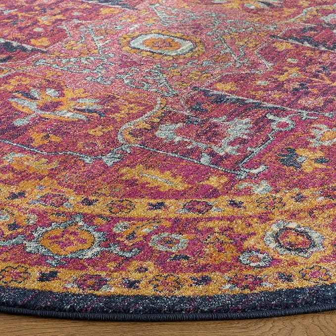 SAFAVIEH Evoke Collection Area Rug - 3' Round, Fuchsia & Orange, Oriental Medallion Distressed Design, Non-Shedding & Easy Care, Ideal for High Traffic Areas in Living Room, Bedroom (EVK275S)