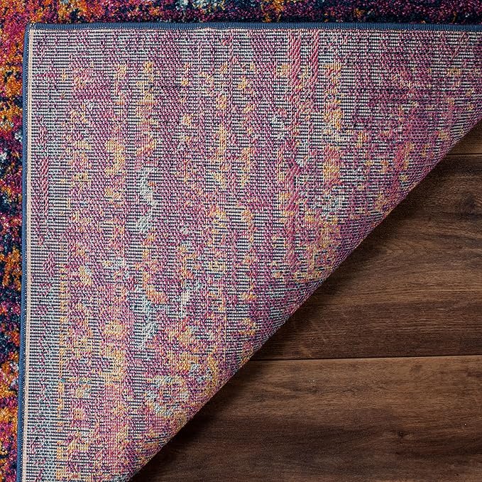 SAFAVIEH Evoke Collection Area Rug - 6'7" Square, Blue & Fuchsia, Oriental Medallion Distressed Design, Non-Shedding & Easy Care, Ideal for High Traffic Areas in Living Room, Bedroom (EVK275F)
