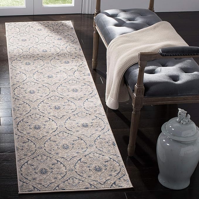 SAFAVIEH Brentwood Collection Area Rug - 5' Square, Navy & Light Grey, Floral Damask Ogee Trellis Design, Non-Shedding & Easy Care, Ideal for High Traffic Areas in Living Room, Bedroom (BNT860M)
