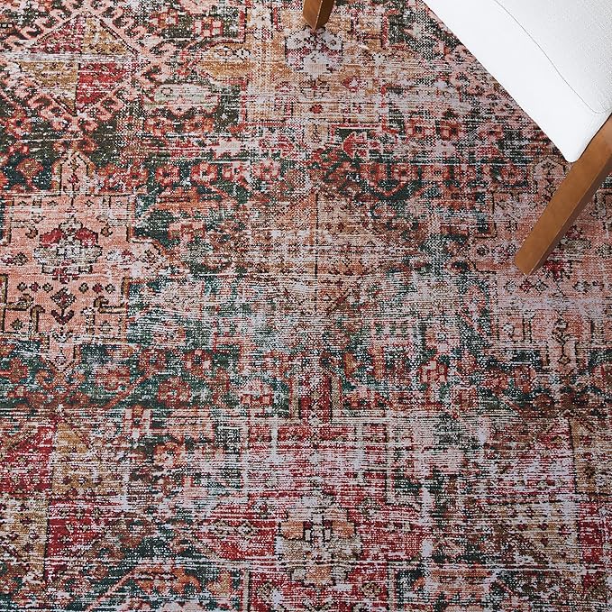 SAFAVIEH Washable Rug Tucson Collection - 4' Square, Ivory & Green, Slip Resistant & Easy to Clean, Ideal for Foyer, Kitchen, Nursery, Office, Bedroom (TSN114A)