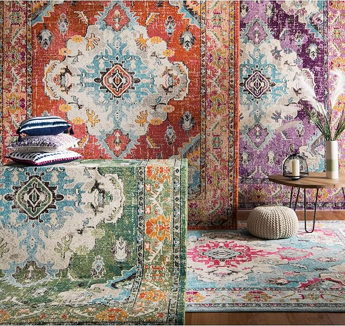 SAFAVIEH Monaco Collection Area Rug - 4' x 5'7", Orange & Light Blue, Non-Shedding & Easy to Clean, Distressed Medallion Design, Ideal for Living Room, Bedroom, Dining Space (MNC243H)