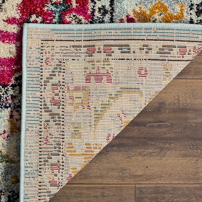 SAFAVIEH Monaco Collection Area Rug - 6'7" x 9'2", Light Blue & Fuchsia, Non-Shedding & Easy to Clean, Distressed Medallion Design, Ideal for Living Room, Bedroom, Dining Space (MNC243J)