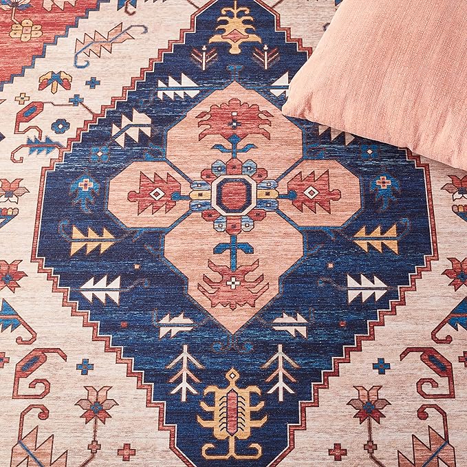 SAFAVIEH Washable Rug Tucson Collection - 3' Round, Rust & Blue, Slip Resistant & Easy to Clean, Ideal for Foyer, Entryway, Kitchen, Bedroom (TSN153P)