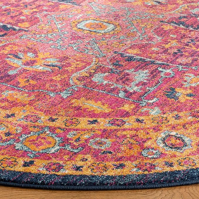 SAFAVIEH Evoke Collection 6'7" Round Fuchsia / Orange EVK275S Oriental Medallion Distressed Non-Shedding Dining Room Entryway Foyer Living Room Bedroom Area Rug