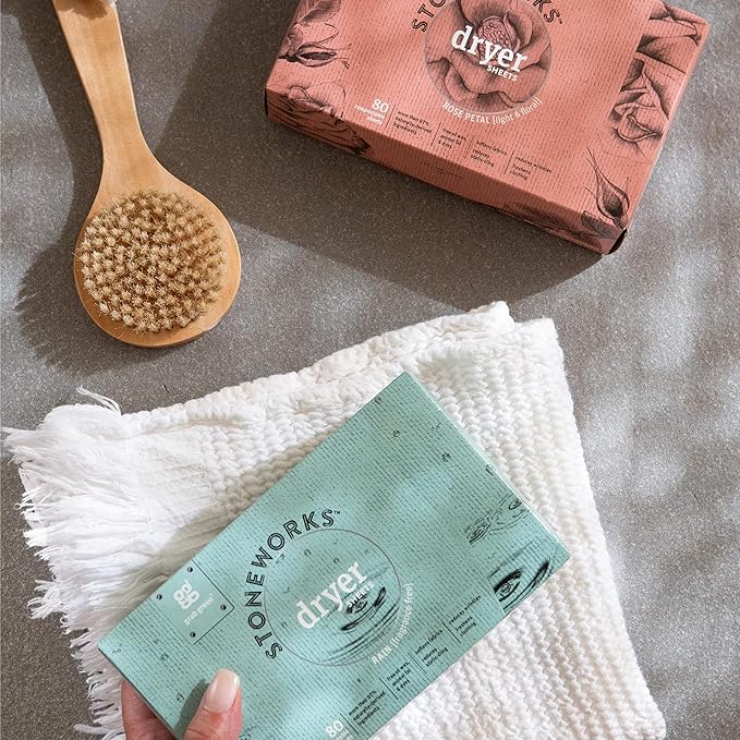 Grab Green Stoneworks Dryer Sheets, 80 Sheets, Olive Leaf Scent, Plant and Mineral Based, Softens Fabrics, Reduces Static-Cling and Wrinkles, Freshens Clothing