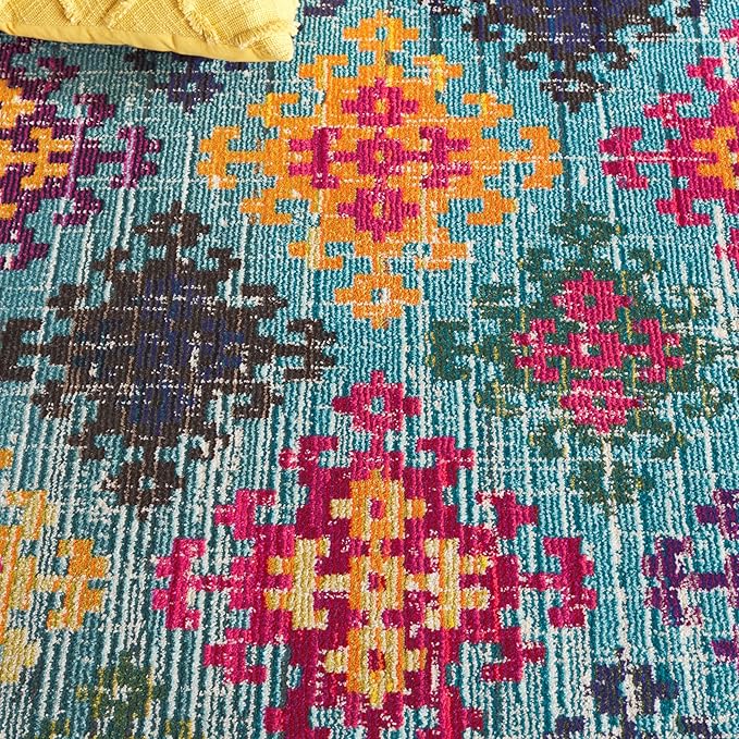 SAFAVIEH Monaco Collection Area Rug - 6'7" Square, Blue & Multi, Boho Diamond Trellis Design, Non-Shedding & Easy Care, Ideal for High Traffic Areas in Living Room, Bedroom (MNC244N)
