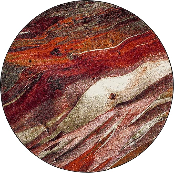SAFAVIEH Glacier Collection Area Rug - 4' Round, Red/Multi, Geometric Design, Plush 1.2 Inch Thick Ideal for High Traffic Areas in Living Room, Bedroom, Dining (GLA126A)