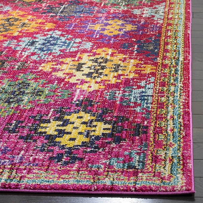 SAFAVIEH Monaco Collection Area Rug - 6'7" Square, Fuchsia & Multi, Boho Diamond Trellis Design, Non-Shedding & Easy Care, Ideal for High Traffic Areas in Living Room, Bedroom (MNC244D)