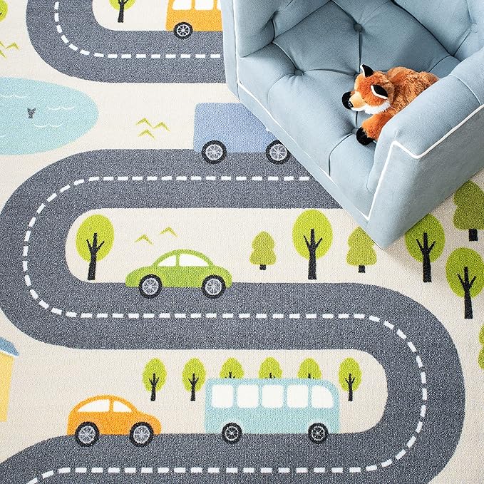 SAFAVIEH Washable Rug Kids Playhouse Collection - 6'7" x 9', Beige & Green, Slip Resistant & Easy to Clean, Ideal for Kids Room, Playroom, Nursery, Boys & Girls Room (KPH227A)