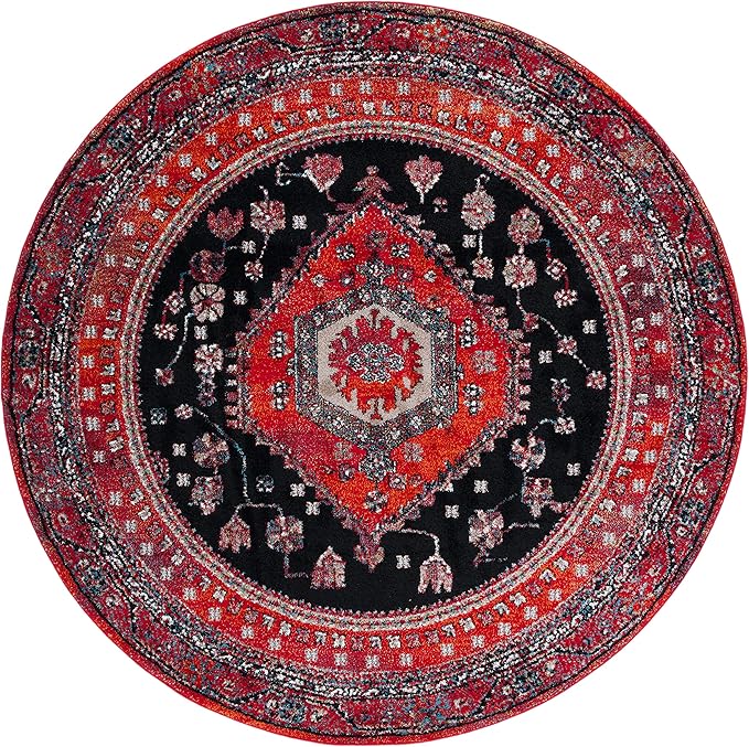 SAFAVIEH Vintage Hamadan Collection Area Rug - 6'7" Round, Red & Black, Traditional Oriental Design, Non-Shedding & Easy Care, Ideal for High Traffic Areas in Living Room, Bedroom (VTH204Q)