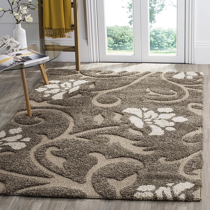 SAFAVIEH Florida Shag Collection Area Rug - 5' Square, Smoke & Beige, Floral Design, Non-Shedding & Easy Care, 1.2-inch Thick Ideal for High Traffic Areas in Living Room, Bedroom (SG464-7913)