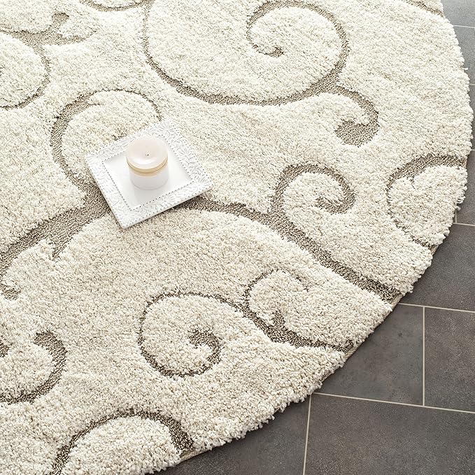 SAFAVIEH Florida Shag Collection Area Rug - 11' Round, Cream & Beige, Scroll Design, Non-Shedding & Easy to Clean, High-Low Plush Pile, Ideal for Living Room, Bedroom, Dining Space (SG455-1113)