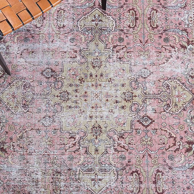 SAFAVIEH Washable Rug Tucson Collection - 2'6" x 4', Pink & Beige, Slip Resistant & Easy to Clean, Ideal for Living Room, Bedroom, Dining Space (TSN144U)