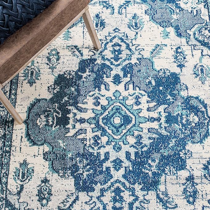 SAFAVIEH Monaco Collection Area Rug - 3' Round, Ivory & Blue, Non-Shedding & Easy to Clean, Distressed Medallion Design, Ideal for Living Room, Bedroom, Dining Space (MNC243A)