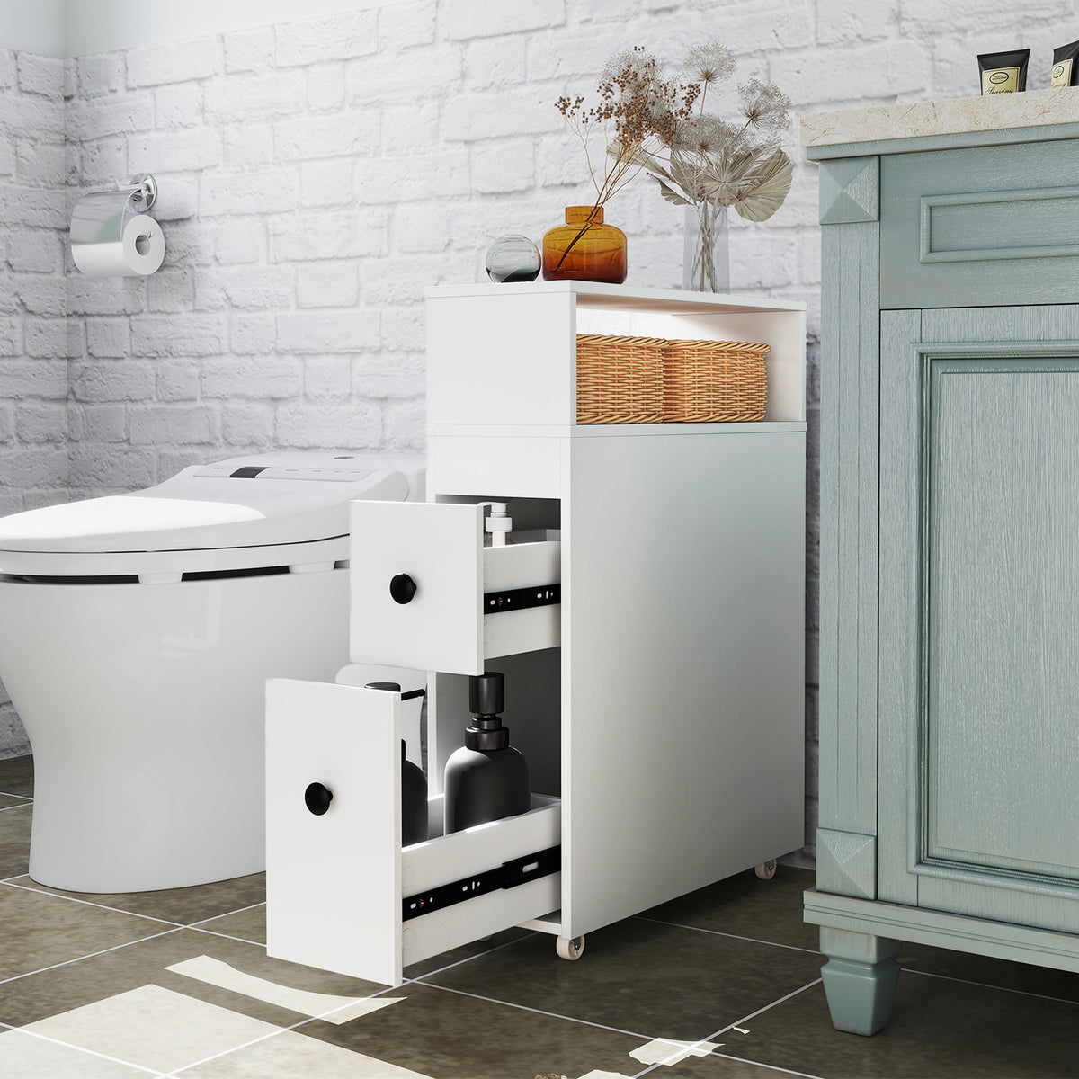 Slim Bathroom Cabinet Wooden Toilet Organizer With Deep Slide Out Drawers - Image 5