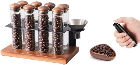 Espresso single dose coffee bean storage tubes with dosing cup and spray bottle for fresh brewing