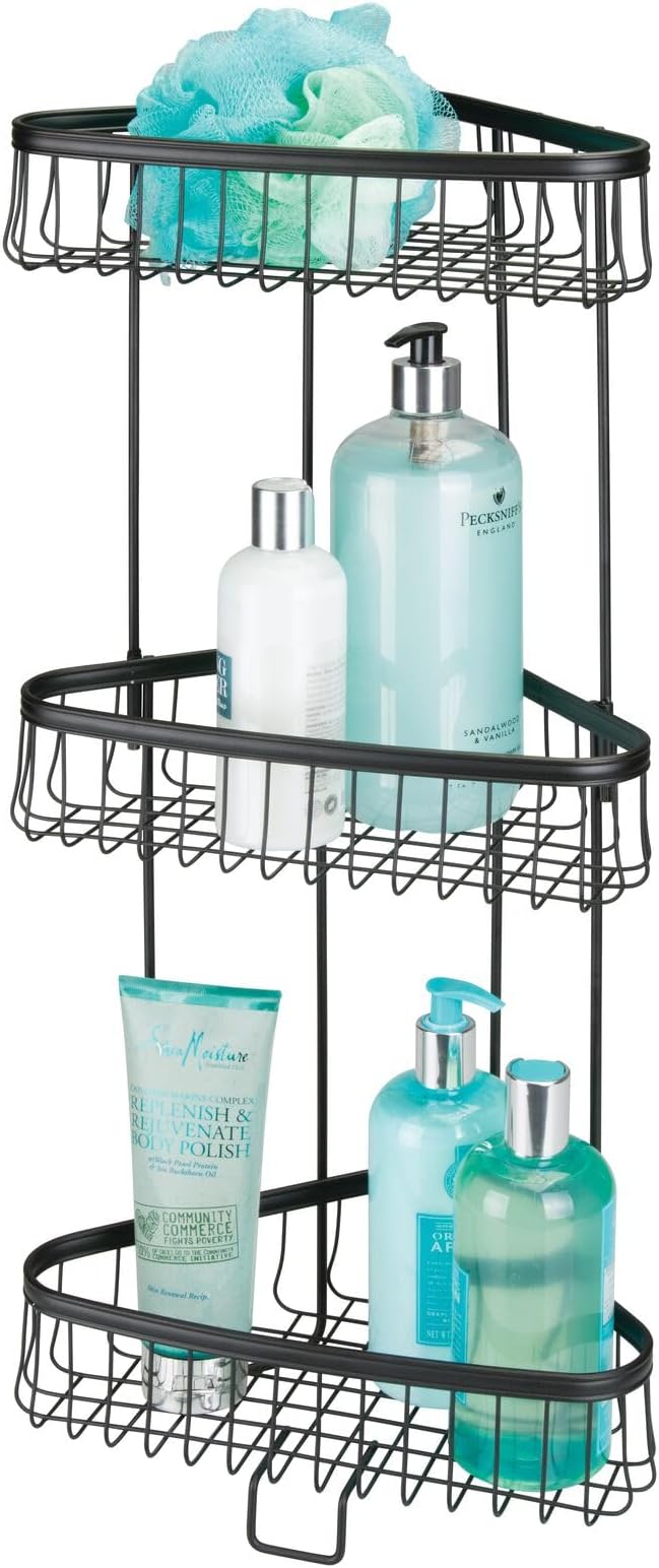 mDesign metal freestanding bathroom shelf unit in matte black — vertical storage organizer for entryway and small space organization