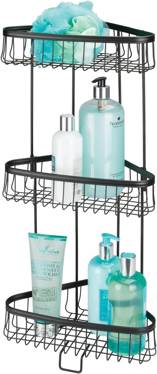 mDesign metal freestanding bathroom shelf unit in matte black — vertical storage organizer for entryway and small space organization